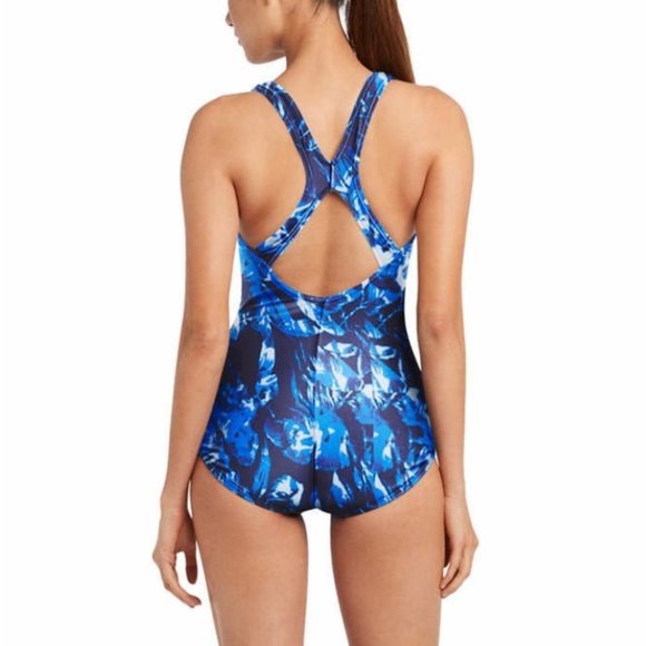 SPEEDO Women One Piece Halter Tie Swimsuit  Hyper--Blue Black - Picture 2 of 7